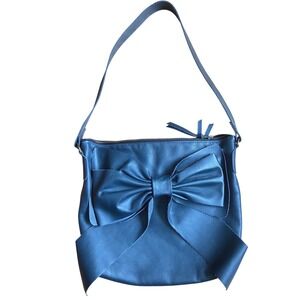 Navy Blue Leather Hobo Shoulder Bag with Oversized Bow Detail 12 X 12